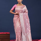 Raspberry Glace Pink Banarasi Saree With Floral Weaving
