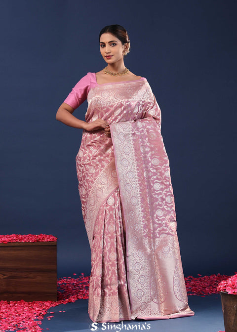 <img> Raspberry Glace Pink Banarasi Saree With Floral Weaving