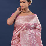 Raspberry Glace Pink Banarasi Saree With Floral Weaving