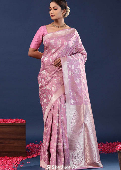 <img> Light Plum Purple Banarasi Saree With Floral Weaving