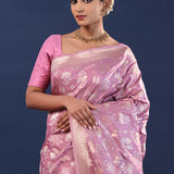 Light Plum Purple Banarasi Saree With Floral Weaving