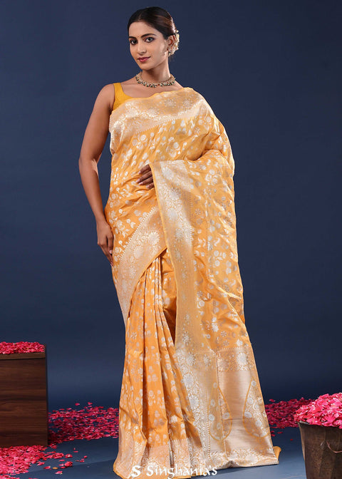 <img> Clay Brown Banarasi Saree With Floral Weaving