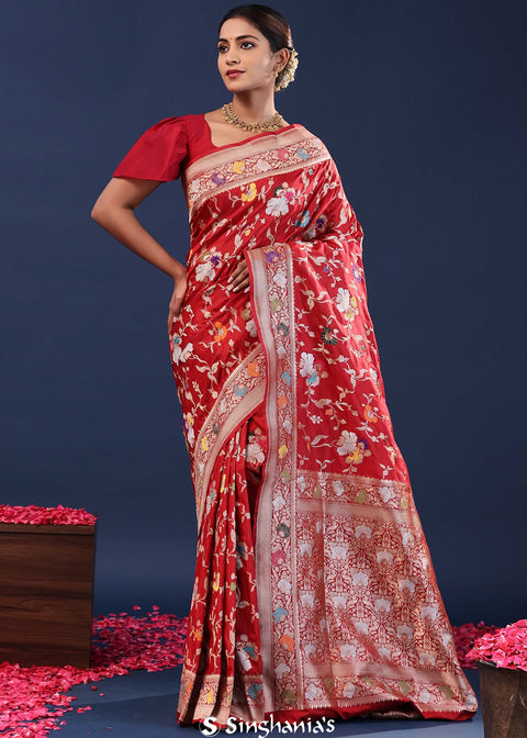 <img> Blood Red Banarasi Saree With Meenakari Jaal