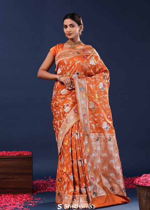 <img> Burnt Orange Banarasi Saree With Meenakari Jaal
