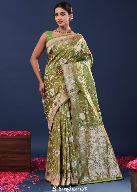 <img> Woodland Green Banarasi Saree With Meenakari Jaal
