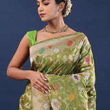 Woodland Green Banarasi Saree With Meenakari Jaal