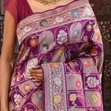 Dark Purple Banarasi Silk Saree With Meenakari Design