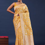 Harvest Gold Yellow Banarasi Saree With Floral Jaal