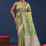 Verdun Green Banarasi Saree With Floral Jaal
