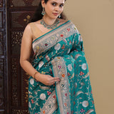 Teal Blue Banarasi Silk Saree With Floral Jaal