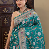 Teal Blue Banarasi Silk Saree With Floral Jaal
