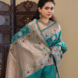 Teal Blue Banarasi Silk Saree With Floral Jaal