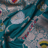 Teal Blue Banarasi Silk Saree With Floral Jaal