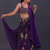 Deep Violet Chinon Floral Printed Lehenga Set