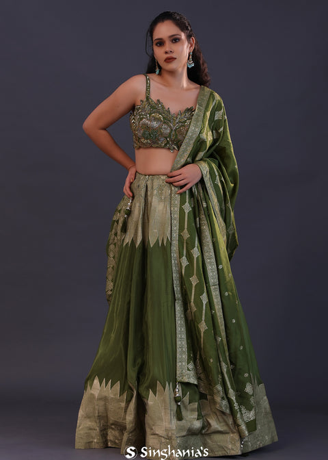 <img> Dark Moss Green Banarsi Silk Embroidered Lehenga Set