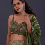 Dark Moss Green Banarsi Silk Embroidered Lehenga Set