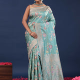 Muted Teal Banarasi Saree With Meenakari Design