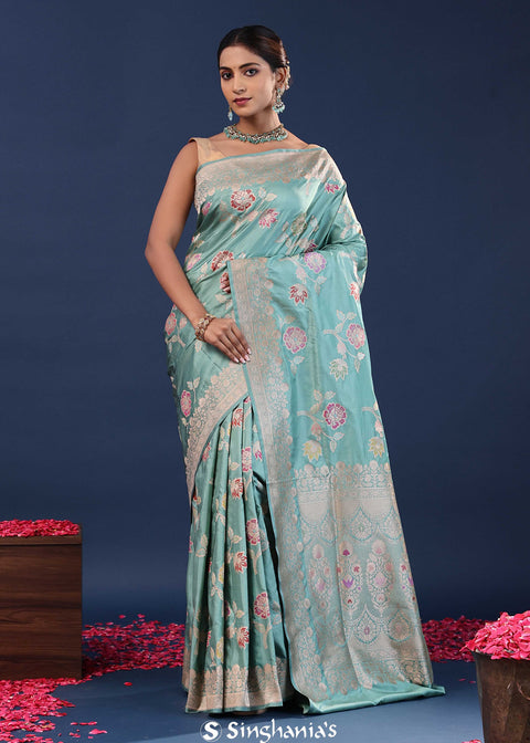 <img> Muted Teal Banarasi Saree With Meenakari Design