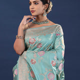 Muted Teal Banarasi Saree With Meenakari Design