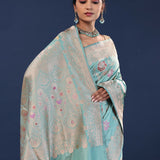 Muted Teal Banarasi Saree With Meenakari Design