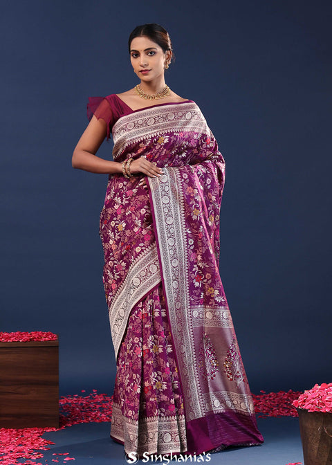 <img> Purple Banarasi Saree With floral Meenakari Design