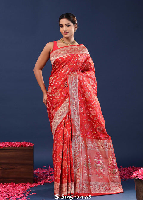 <img> Red Banarasi Saree With Meenakari Design