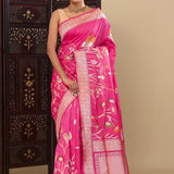 Hot Pink Banarasi Silk Saree With Floral Design