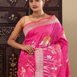 Hot Pink Banarasi Silk Saree With Floral Design
