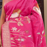 Hot Pink Banarasi Silk Saree With Floral Design