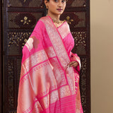 Hot Pink Banarasi Silk Saree With Floral Design