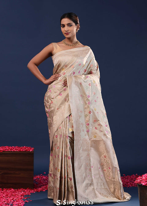 <img> Dusty Grey Banarasi Saree With Meenakari Design