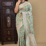 Seafoam Green Tissue Banarasi Saree With Floral Jaal