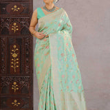 Turquoise Green Banarasi Silk Saree With Meenakari Design