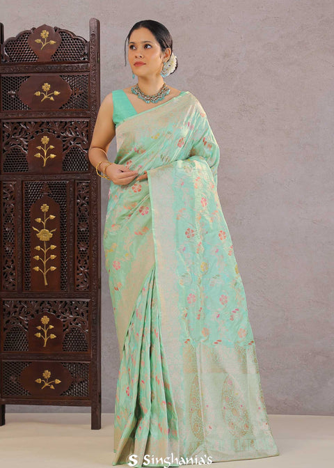 <img> Turquoise Green Banarasi Silk Saree With Meenakari Design