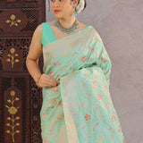 Turquoise Green Banarasi Silk Saree With Meenakari Design