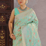 Turquoise Green Banarasi Silk Saree With Meenakari Design