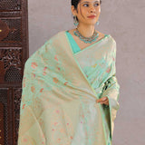 Turquoise Green Banarasi Silk Saree With Meenakari Design