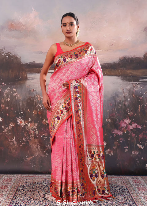 <img> Deep Rose Pink Paithani Saree With Geometrical Patter