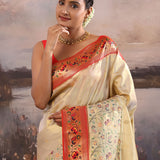Beige Paithani Tissue Saree With Contrast Border