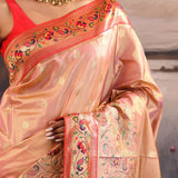 Turkish Pink Paithani Tissue Saree With Contrast Border