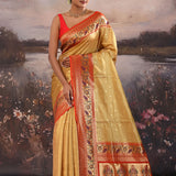 Golden Beige Paithani Tissue Saree With Contrast Border
