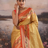 Golden Beige Paithani Tissue Saree With Contrast Border