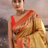 Golden Beige Paithani Tissue Saree With Contrast Border