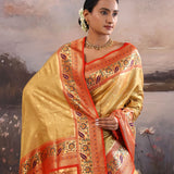 Golden Beige Paithani Tissue Saree With Contrast Border