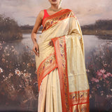 Almond Beige Paithani Tissue Saree With Contrast Border
