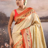 Almond Beige Paithani Tissue Saree With Contrast Border