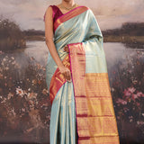 Cadet Gray Kanjivaram Tissue Saree With Contrast Border