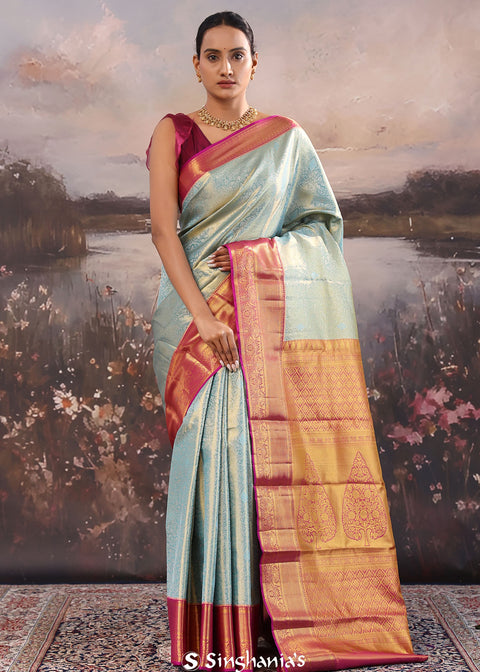 <img> Cadet Gray Kanjivaram Tissue Saree With Contrast Border