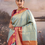Cadet Gray Kanjivaram Tissue Saree With Contrast Border