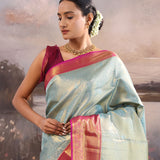 Cadet Gray Kanjivaram Tissue Saree With Contrast Border